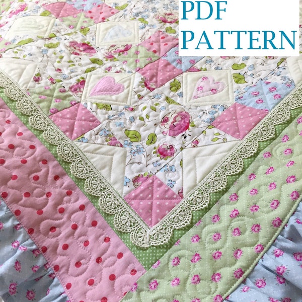 Ruffle Quilt Pattern, baby girl Quilt Pattern, Star & Heart Quilt Pattern baby - baby blanket pattern, INSTANT Download PDF Quilt Pattern