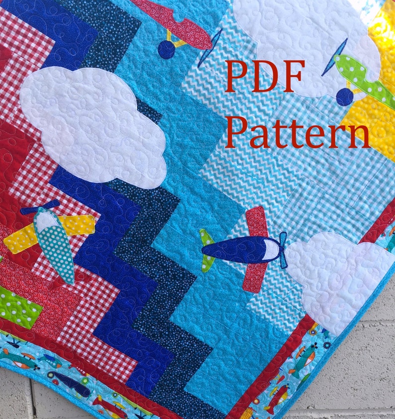 Airplane Baby Quilt Pattern, stair step Quilt Pattern, Baby boy quilt pattern, pdf pattern, Airplane applique pattern, quilt pattern baby image 1