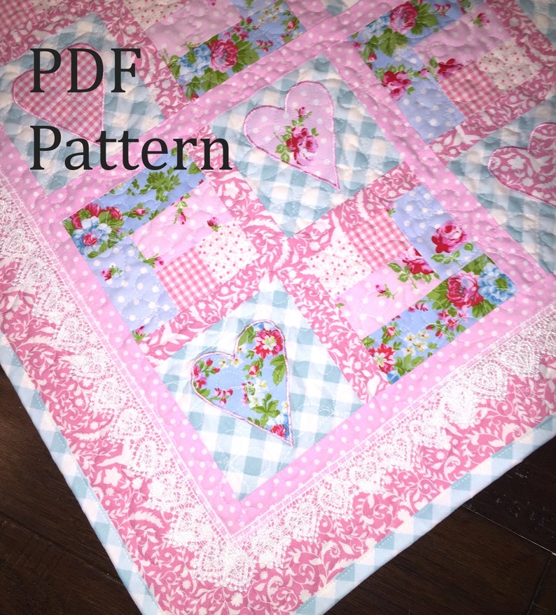 Heart Baby Quilt Pattern, Baby girl quilt pattern, farmhouse quilt pattern, patchwork quilt pattern, baby quilt pattern image 6
