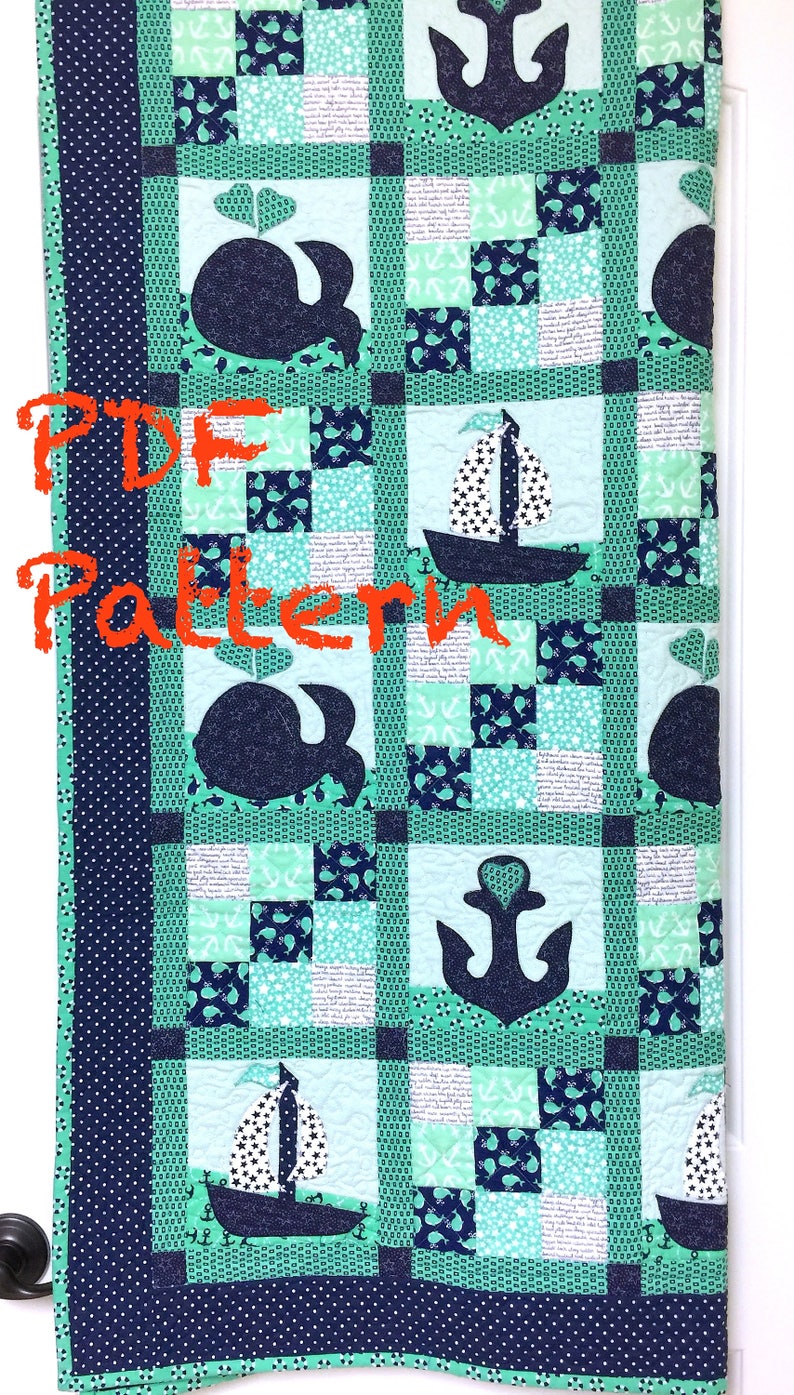 Sailboat Quilt Pattern, Whales baby Quilt Pattern, Nautical baby boy Quilt Pattern, lap quilt pattern, baby blanket Pattern, sewing pattern image 2