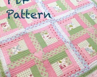 Baby Girl quilt pattern, Log Cabin Baby Quilt Pattern: Modern Offset Design PDF Pattern