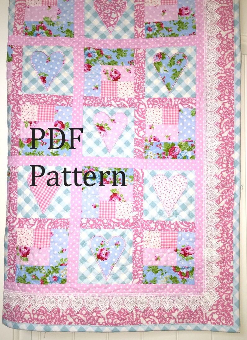 Heart Baby Quilt Pattern, Baby girl quilt pattern, farmhouse quilt pattern, patchwork quilt pattern, baby quilt pattern image 1