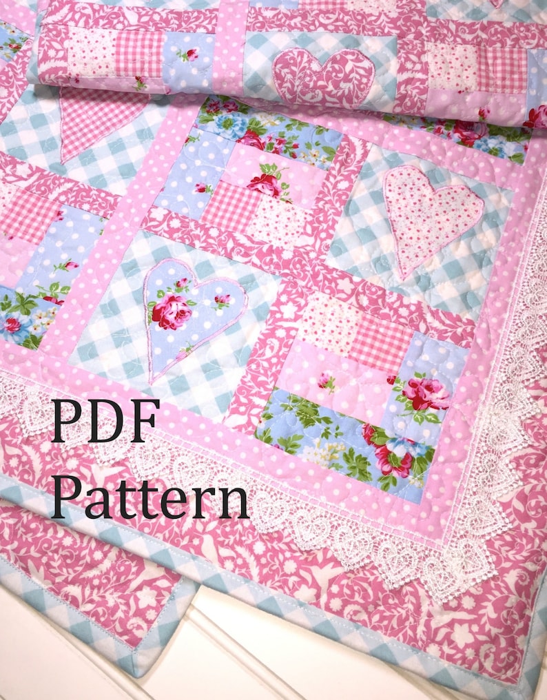 Heart Baby Quilt Pattern, Baby girl quilt pattern, farmhouse quilt pattern, patchwork quilt pattern, baby quilt pattern image 5