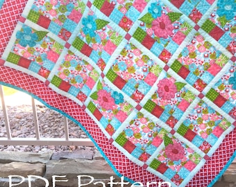 Flower Checked Quilt PATTERN - Baby Girl Quilt Pattern, INSTANT Download PDF Quilt Pattern, Modern Farmhouse Lap Quilt Pattern