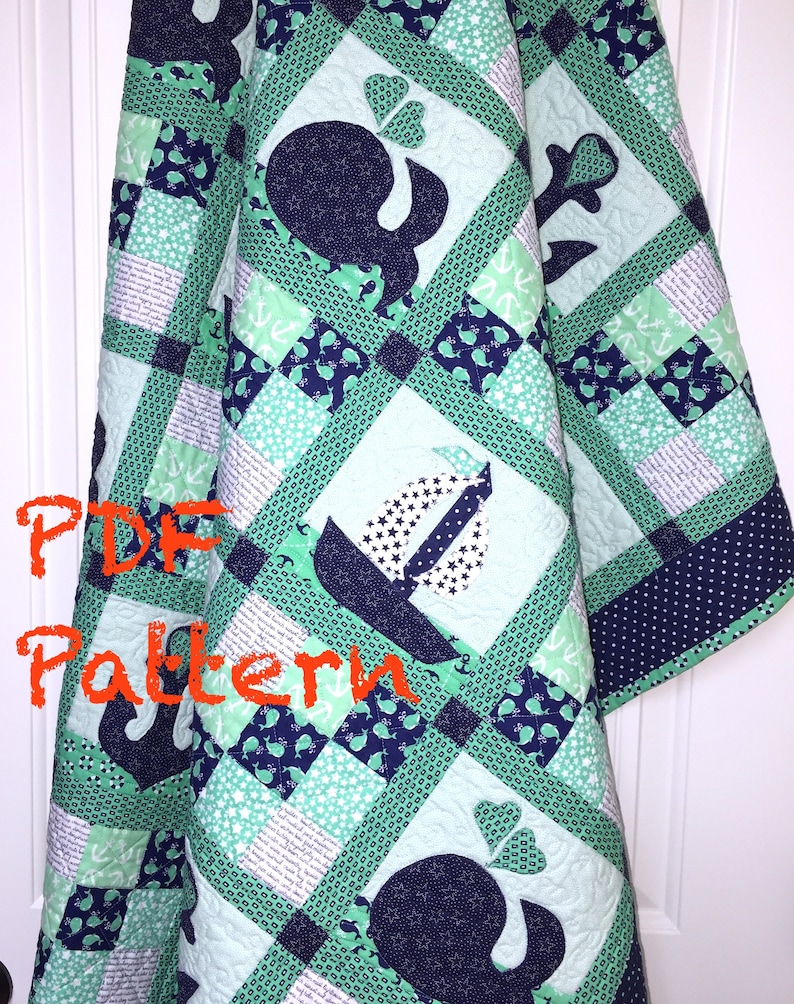 Sailboat Quilt Pattern, Whales baby Quilt Pattern, Nautical baby boy Quilt Pattern, lap quilt pattern, baby blanket Pattern, sewing pattern image 4