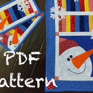Snowman Quilt Pattern, Quilt Pattern, Quilted Table Runner Pattern with Mug Rug Bonus Pattern, Snowman Holiday Quilt Pattern, Quilt Pattern