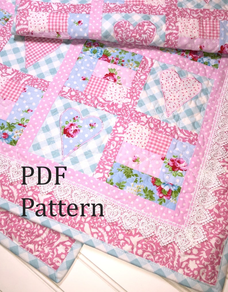 Heart Baby Quilt Pattern, Baby girl quilt pattern, farmhouse quilt pattern, patchwork quilt pattern, baby quilt pattern image 7