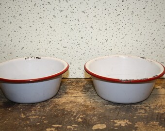 Red and White Granitware Bowls