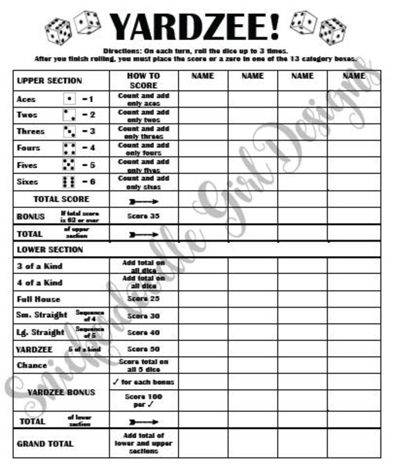 Yardzee Score Card Printable | Etsy