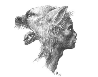 May include: A black and white pencil drawing of a person's head with a wolf's head emerging from the side of their head. The wolf is snarling with its mouth open. The drawing is signed with the date "B 19".