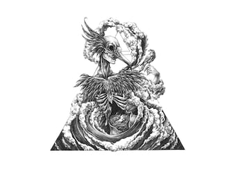 May include: A black and white pen and ink drawing of a skeletal bird-like creature with a beak and large eyes. The creature is surrounded by swirling clouds and a triangle.