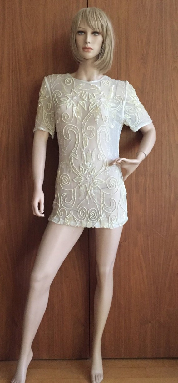 60s powder blue mock neck mini dress with sheer sleeves