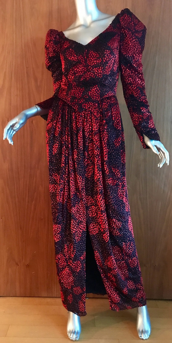 Long black red formal gown long sleeves, by Ruben