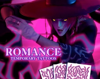 May include: Image features temporary tattoos with a purple and pink design, with the word "ROMANCE" above the words "TEMPORARY TATTOOS". The background is a person wearing a hat and a dark outfit.