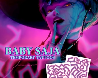 May include: Image features a stylized illustration with the text "BABY SAJA TEMPORARY TATTOOS." The image includes a person with blue skin and a black hat, along with two sheets of temporary tattoos with purple designs.