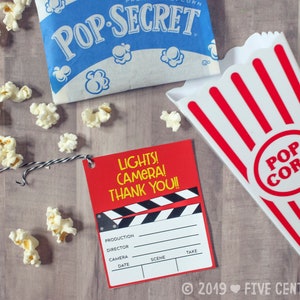 Lichter, Kamera, Danke Film unter dem Motto Danke Ende des Jahres Lehrer Film Schindel Geschenkanhänger - druckbare DIY Schriftzug