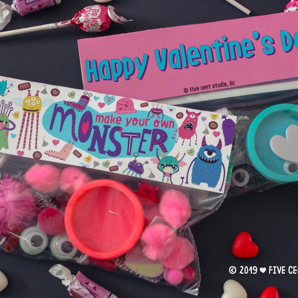 Valentine's Day Make Your Own Monster Printable Treat Favor Bag Topper - Instant Download 4.25x6.75 Allergy Friendly Non Candy Gift