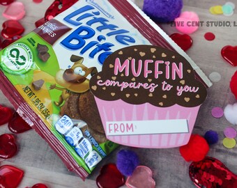 Pink Muffin Compares To You Brownie Chocolate Chip Valentine's Day Muffin Shaped Tag / Card - DIY Printable Valentine Classroom Exchange