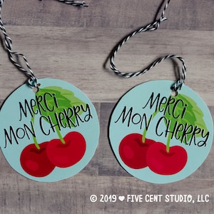 Merci Mon Cheri "Cherry" Pun Obrigado Fruta Etiqueta Imprimível - Punny Obrigado Etiqueta Presente - Agradecimento Professor / Aniversário Mercado do Agricultor