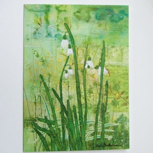 Carte signée Cotswold Snowdrops, 127 x 177 mm, oeuvre d'art textile originale, imprimée au Royaume-Uni sur une carte FSC 300 g/m², enveloppe Kraft