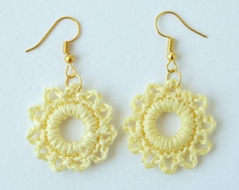 Yellow Flower Petal Earrings for Pierced Ears, Crocheted Cotton, 3cm (1.2") Diameter, Gold Plated Ear Wires, HANDMADE in the UK