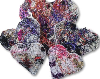 Heart Brooches, Recycled Fibres, Fabric and Threads Machine Embroidered onto Fleece with White Fleece Base, HANDMADE in the UK