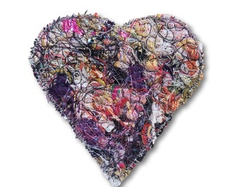 Heart Brooches, Machine Embroidered Waste, Recycled and Remnant Fibres & Threads, HANDMADE in the UK