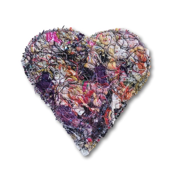 Heart Brooches, Machine Embroidered Waste, Recycled and Remnant Fibres & Threads, HANDMADE in the UK