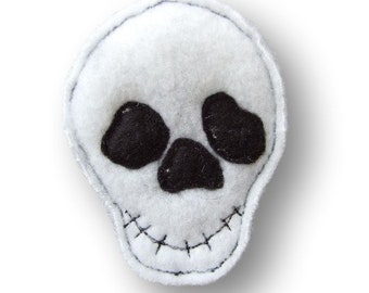 Happy Skull Pin, White Fleece, Handmade Original Design, Silver Safety Clasp, Approx 6.5x7cm