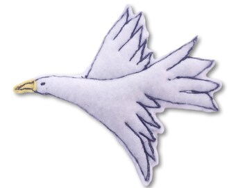 Dove Brooch, White Fleece with Yellow Felt Beak on Felt Base, Handmade Original Design, Silver Safety Clasp, 10cm x 9cm, HANDMADE in the UK