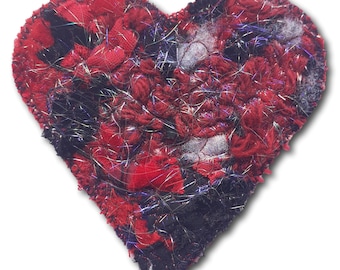 Heart Brooch, Machine Embroidered Recycled Fibres and Threads with Red or White Felt Base, HANDMADE in the UK