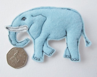 Elephant Brooch, Light Blue Fleece with White Tusk, Unique Design, Silver Safety Clasp, Approx 11x7cm (4.3" x 2.75"), HANDMADE in the UK