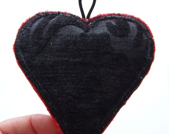 Black Brocade Heart Pendant, 10.5cm x 11cm, Quilted with Red Felt Base, HANDMADE in the UK
