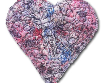 Pink Heart Brooches, Recycled Fibres, Fabric and Threads Machine Embroidered onto Felt with White Fleece Base, HANDMADE in the UK