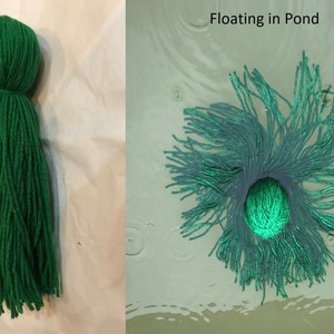 May include: A green yarn tassel, shown both on a white surface and floating in a pond. The tassel is made of many strands of yarn, and the top is a round ball of yarn.