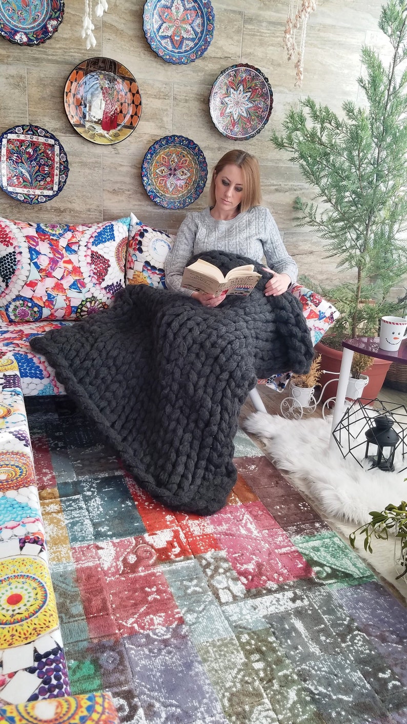 Chunky Knit Blanket Light Blue Chunky Knit Throw Lap Etsy