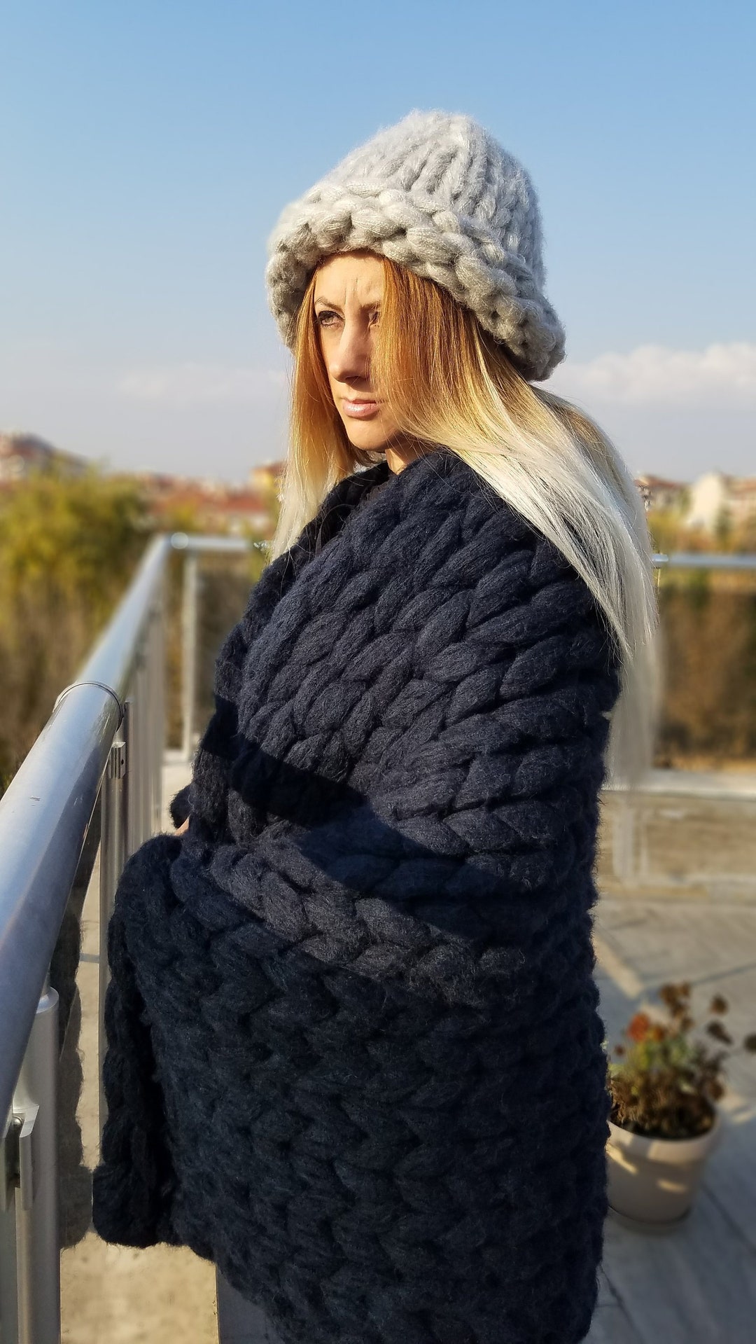 Chunky Knit Blanket Light Blue Chunky Knit Throw Lap Etsy