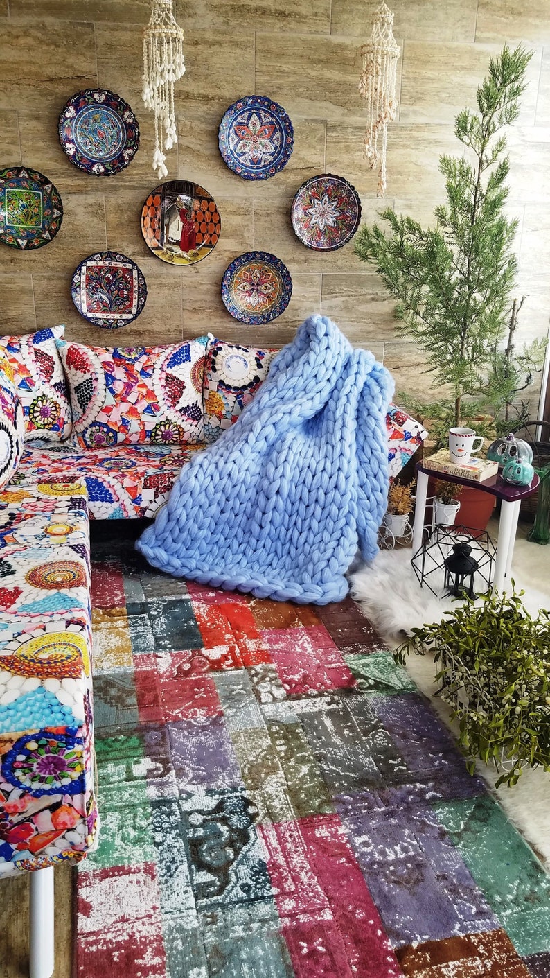 Chunky Knit Blanket Light Blue Chunky Knit Throw Lap Etsy