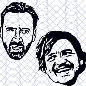 May include: Black and white line art of two faces with facial hair. The faces are set against a light blue and white geometric pattern. One face has a beard and the other has a mustache.