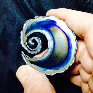 May include: A metal sculpture with a spiral design and iridescent blue, purple, and gold colors.