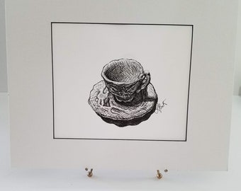 Cup of Tea | 11x14 | Wall Art | Ink on Paper | Original Drawing | MATTED