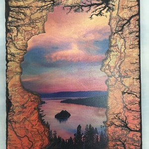 Mapa de madera del lago Tahoe - Impresión en madera para regalo - Arte quemado en madera - Arte en madera - Decoración rústica de pared - Tahoe - "Topografía del lago Tahoe"