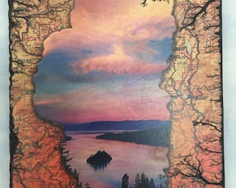 Houten kaartkunst Lake Tahoe: rustieke topoprint