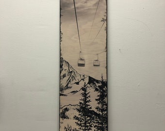 Œuvre d’art du télésiège d’hiver - Art du bois - Art de la montagne - Téléski snowboard - montagnes enneigées - art de la neige
