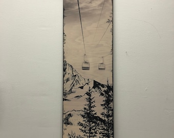 Burned Wood Print: Winter Chairlift Mountain Art