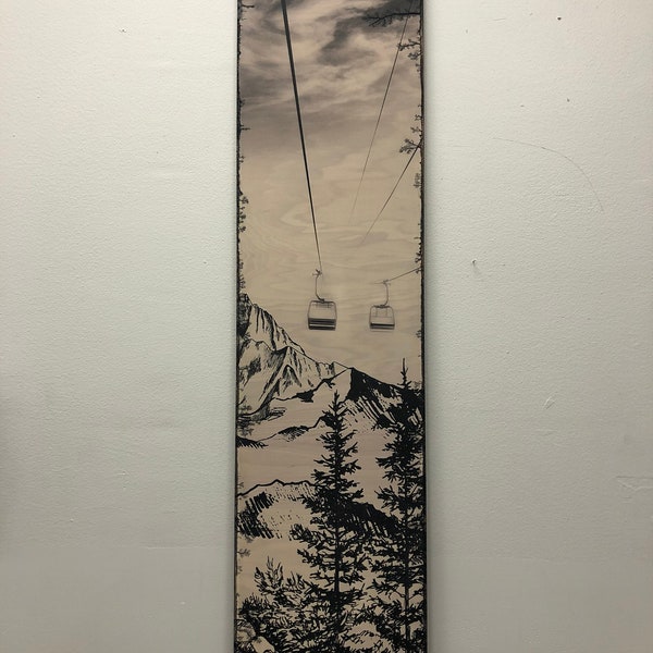 Burned Wood Print: Winter Chairlift Mountain Art