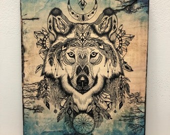 Wood Burned Wolf Art: Rustic Maple Plywood Print