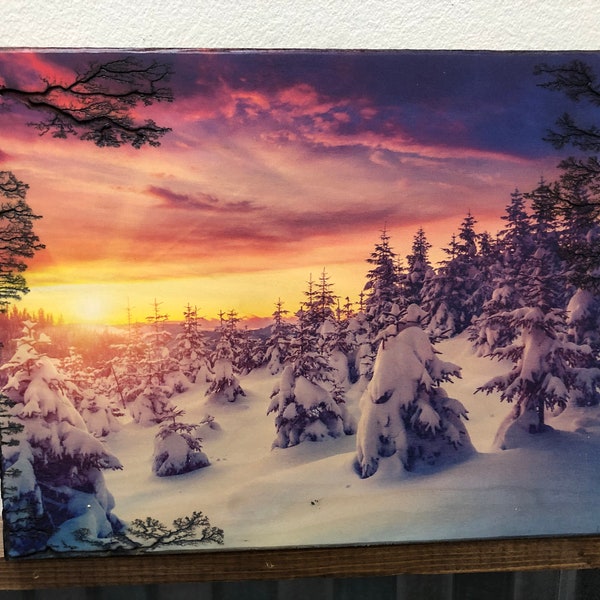 Snow art - mountain art - mountain décor - snowboard art - wood art - ski art - sunrise art - wood print - "Snow Rise"