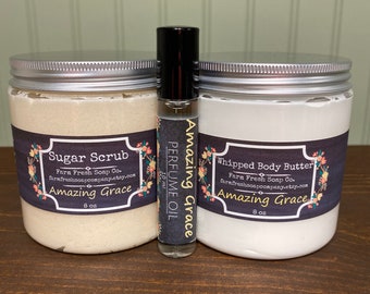 Amazing Grace Gift Set, Sugar Scrub,Whipped Body Butter,Roll on Perfume,Gift for Her,Spa Basket,Philosophy Amazing Grace,Fresh Scent,
