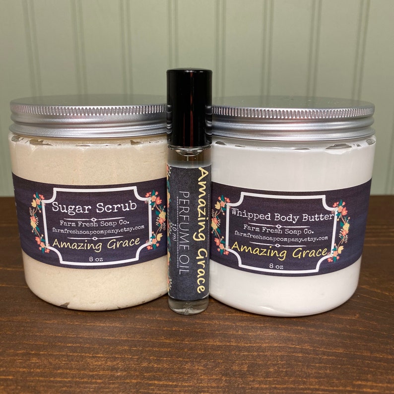 Amazing Grace Gift Set, Sugar Scrub,Whipped Body Butter,Roll on Perfume,Gift for Her,Spa Basket,Philosophy Amazing Grace,Fresh Scent, image 1